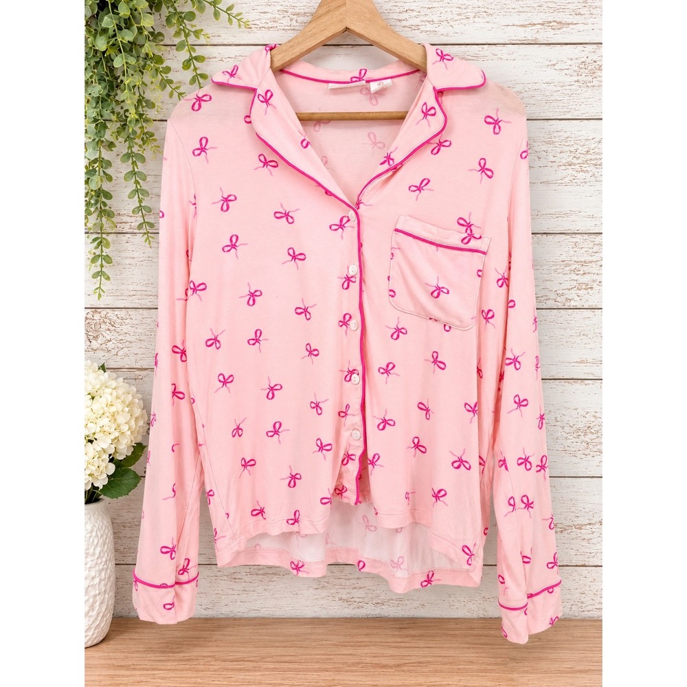 Shabby Chic Pajama Top Womens S Pink Bow Print Button Up Long Sleeve